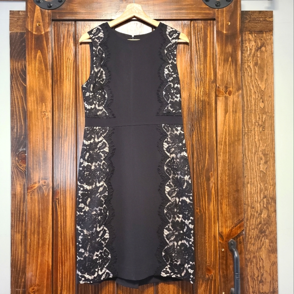 J.Crew Black Sheath Dress with Lace Side Panels, Size 8, EUC